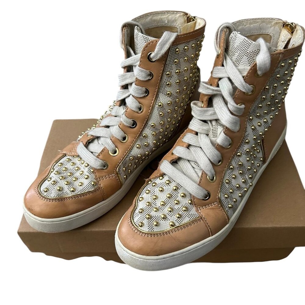 MICHAEL KORS Womens (8) Designer Studded Vanilla/Coral Hi-Top Sneakers Trainers